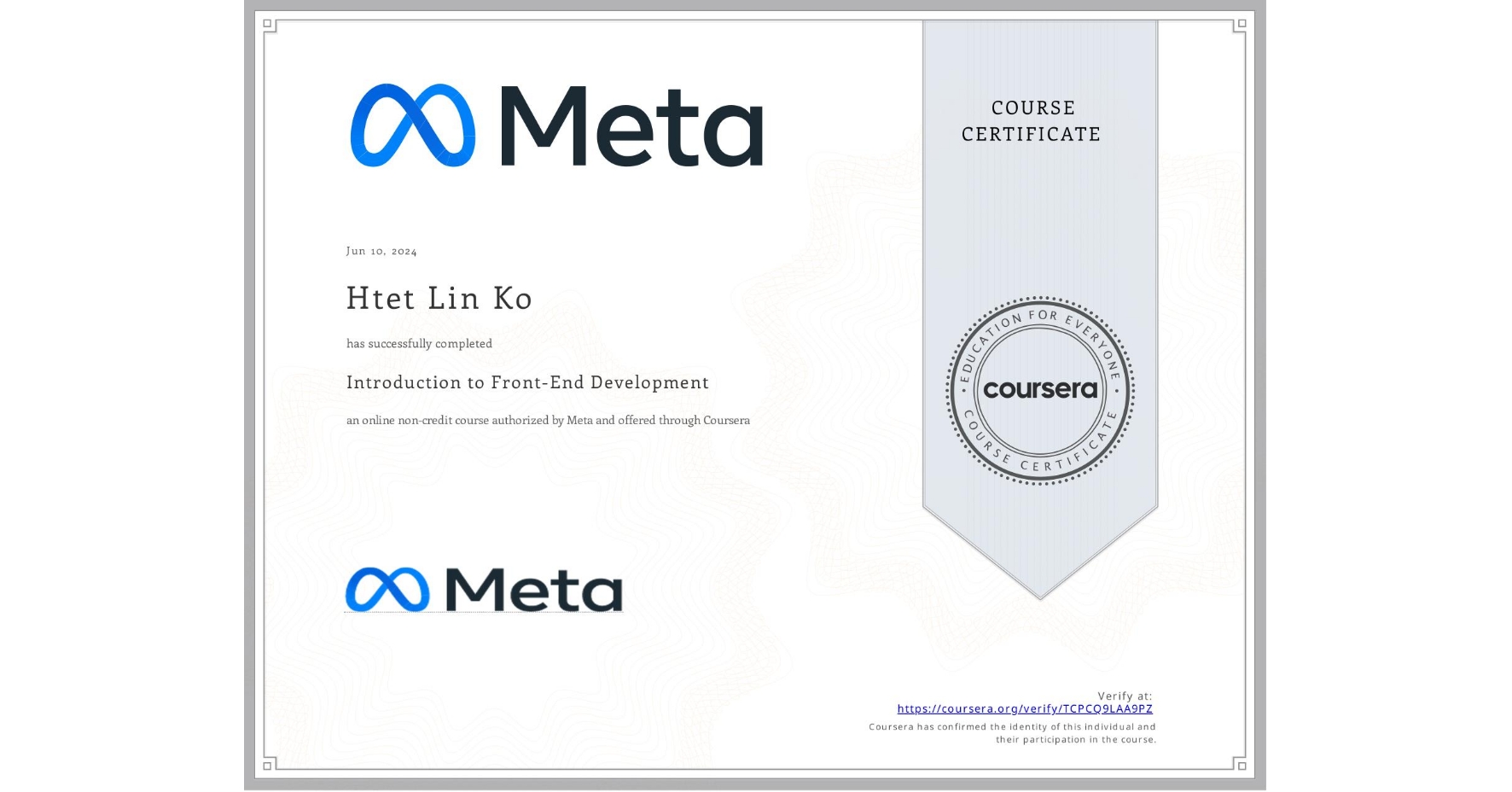 Introduction to Front-End Development certificate earned by Htet Lin Ko