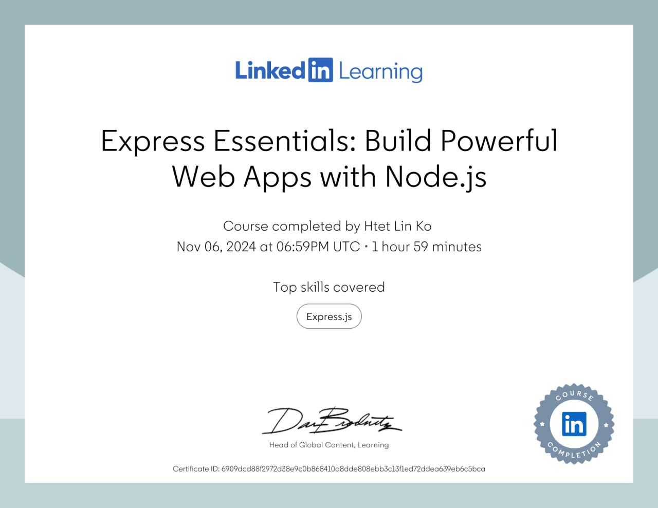 Express Essentials: Build Powerful Web Apps with Node.js certificate earned by Htet Lin Ko