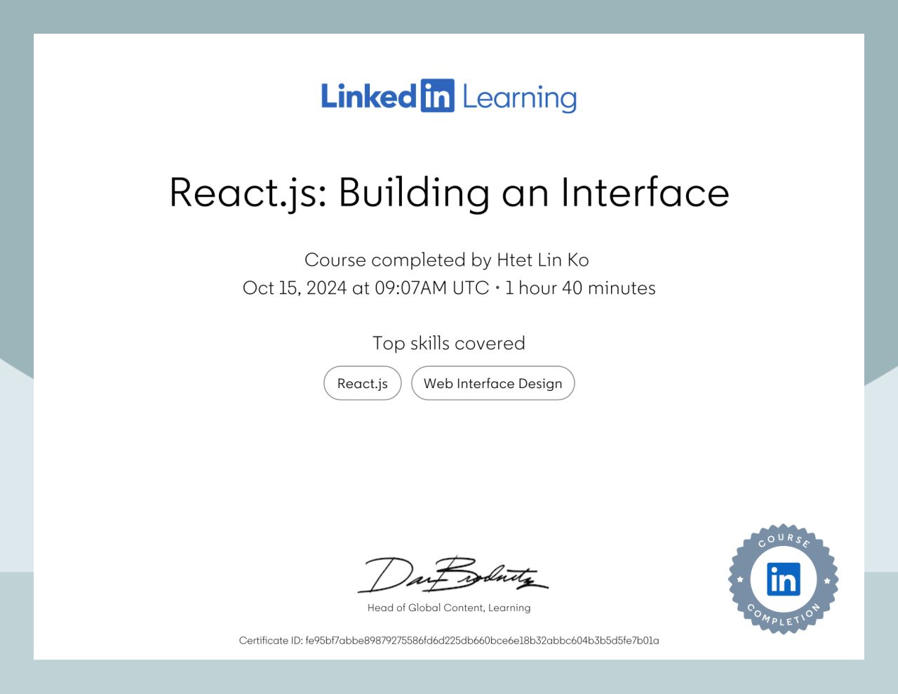 React.js: Building an Interface certificate earned by Htet Lin Ko
